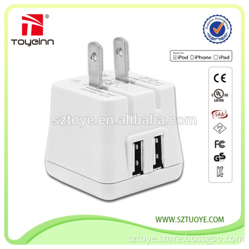 UL/CE/RoHS 5V 2.4A wall USB adapter foldable plug hone charger dual USB port